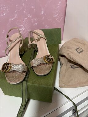 Gucci Pink and Gold Glitter Block Heel Sandals